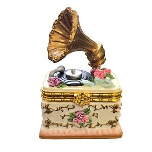 Heritage House Beautiful Dreamer Gramophone Music Box Trinket Box Floral Vintage